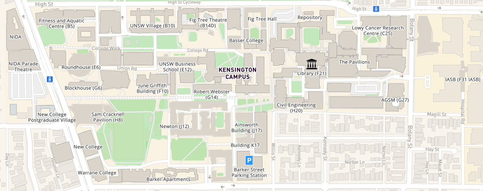 Map of UNSW Kensington campus showing the self-service 3D printing makerspaces